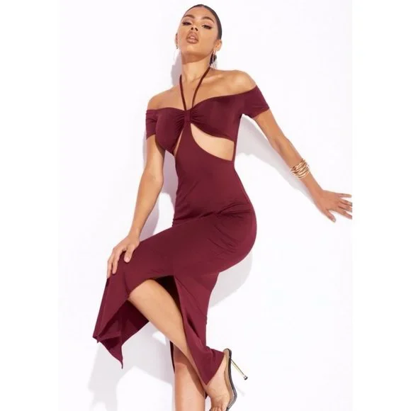 Burgundy Halter Neck Off Shoulder Short Sleeve Slit Cutout Bodycon Midi Dress - Picture 5 of 13